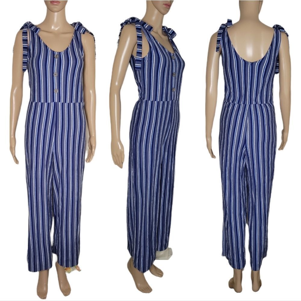 Arizona Jean Co.Blue & White Striped Tie Strap Tank Jumpsuit.